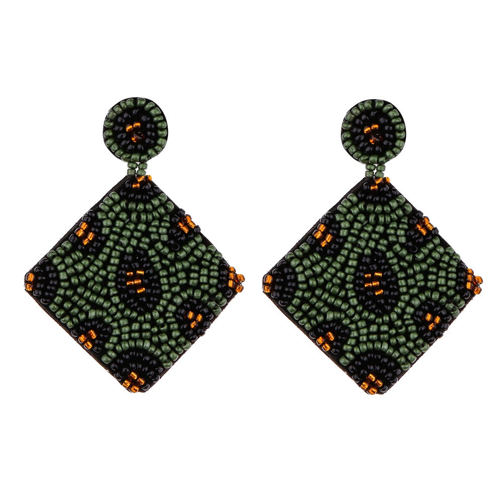 1 Pair Handmade Beaded Rice Bead Earrings Female Retro Earrings(Army Green E68688)