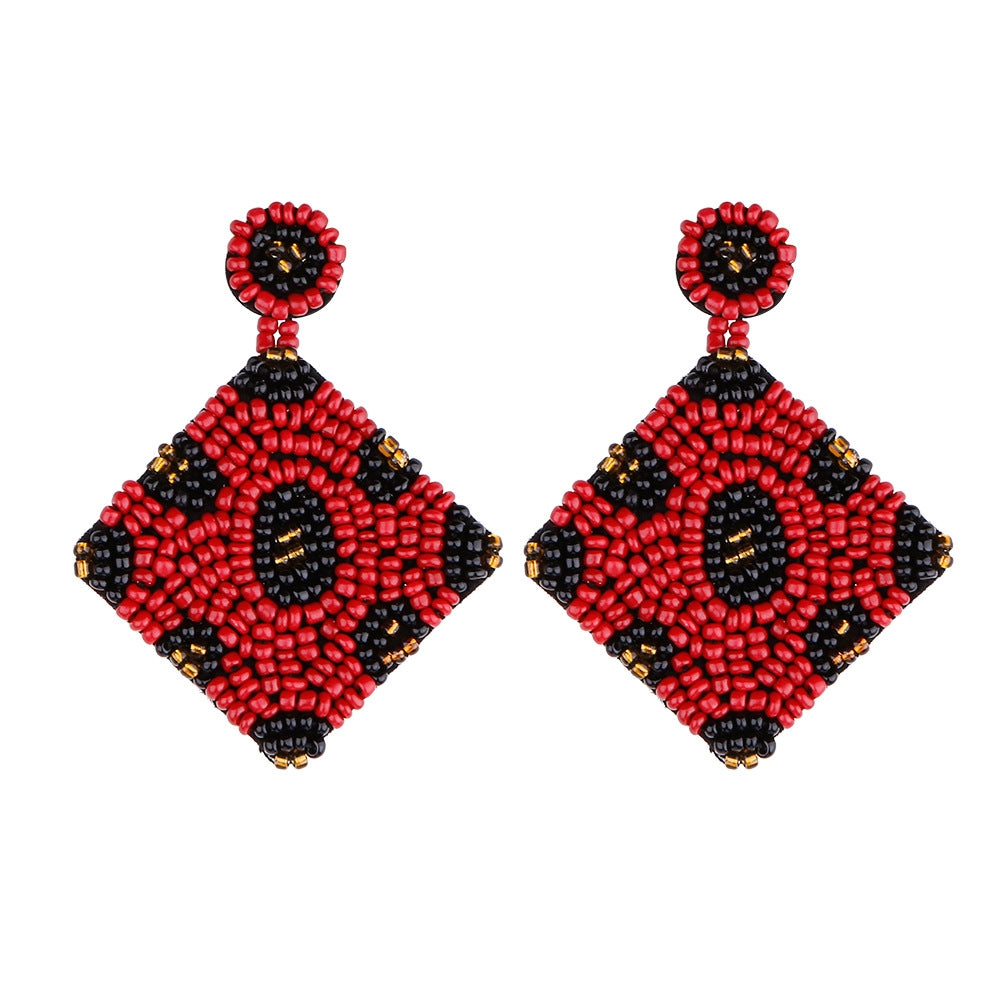 1 Pair Handmade Beaded Rice Bead Earrings Female Retro Earrings(Red E68688)