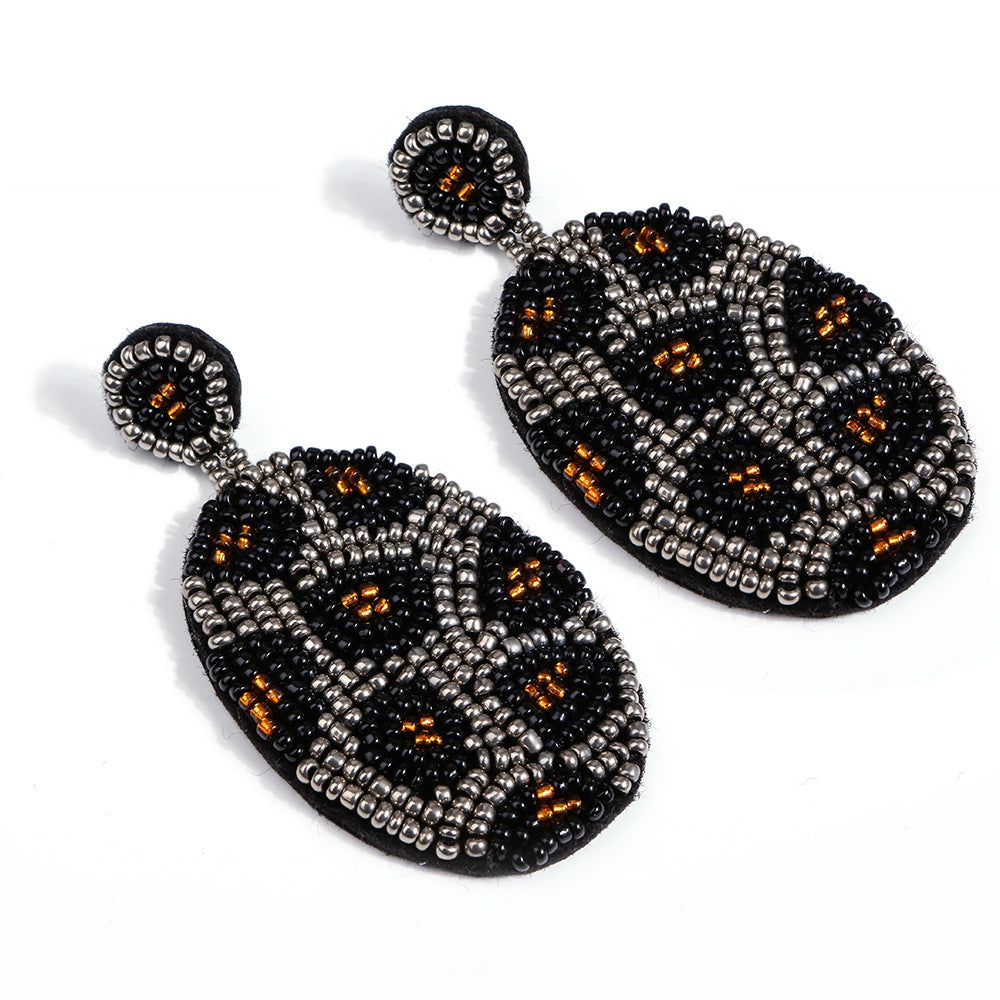 1 Pair Handmade Beaded Rice Bead Earrings Female Retro Earrings(Grey E68690)