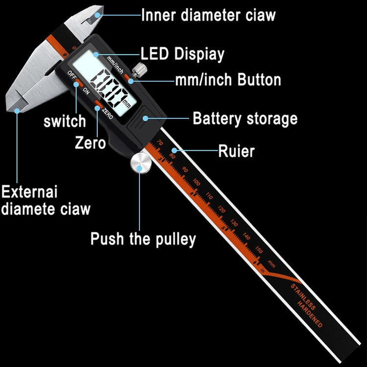 0-150mm Plastic Meter Stainless Steel Body Digital Display Electronic High-Precision Vernier Caliper, Specification: 2 Units of mm/inch