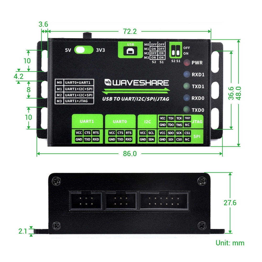 Waveshare 25411 3.3/5V USB To UART/I2C/SPI/JTAG Converter, Supports Multiple Interfaces