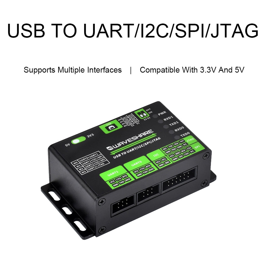 Waveshare 25411 3.3/5V USB To UART/I2C/SPI/JTAG Converter, Supports Multiple Interfaces