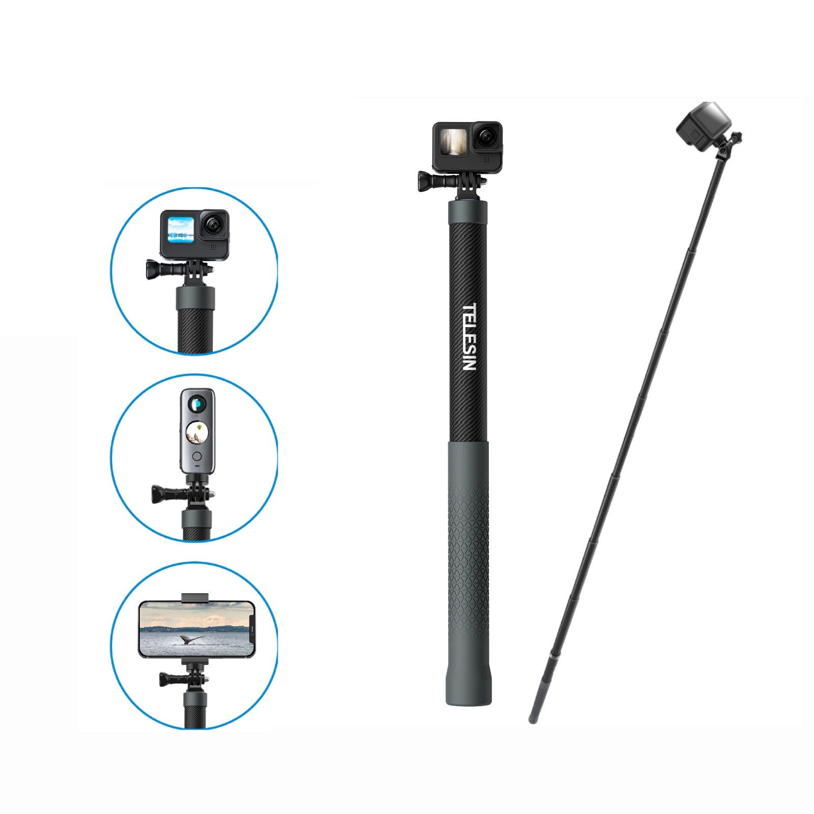 TELESIN 3M Carbon Fiber Selfie Stick Monopod With 1/4 Screw For Action Camera