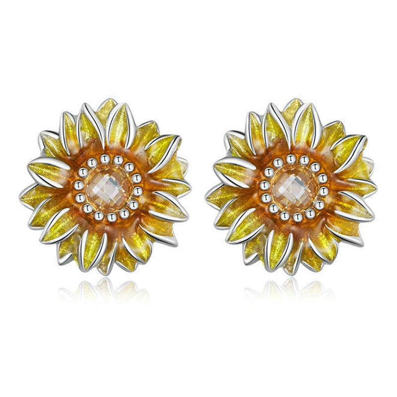 S925 Sterling Silver Plated Yellow Sunflower Stud Earrings