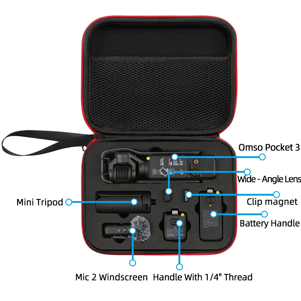 For DJI Osmo Pocket 3 Storage Bag Pocket Camera Handbag(Black Shell Red Inner)