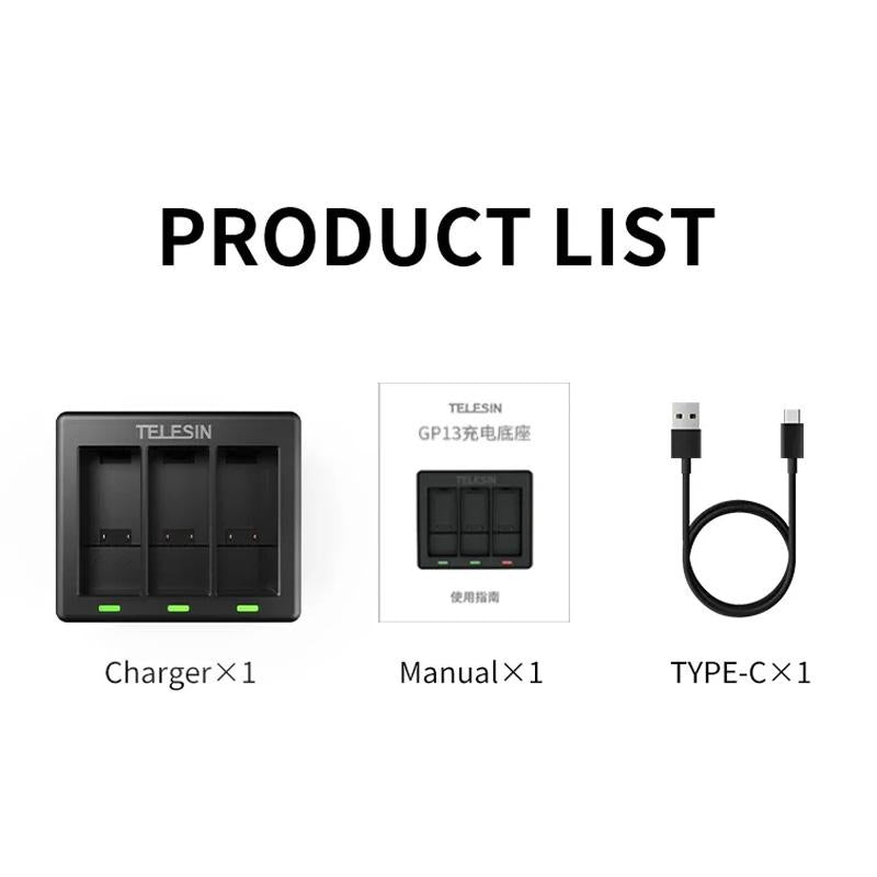 For GoPro HERO13 Black TELESIN 3 Slots Charging Base Action Camera Accessories(Black)