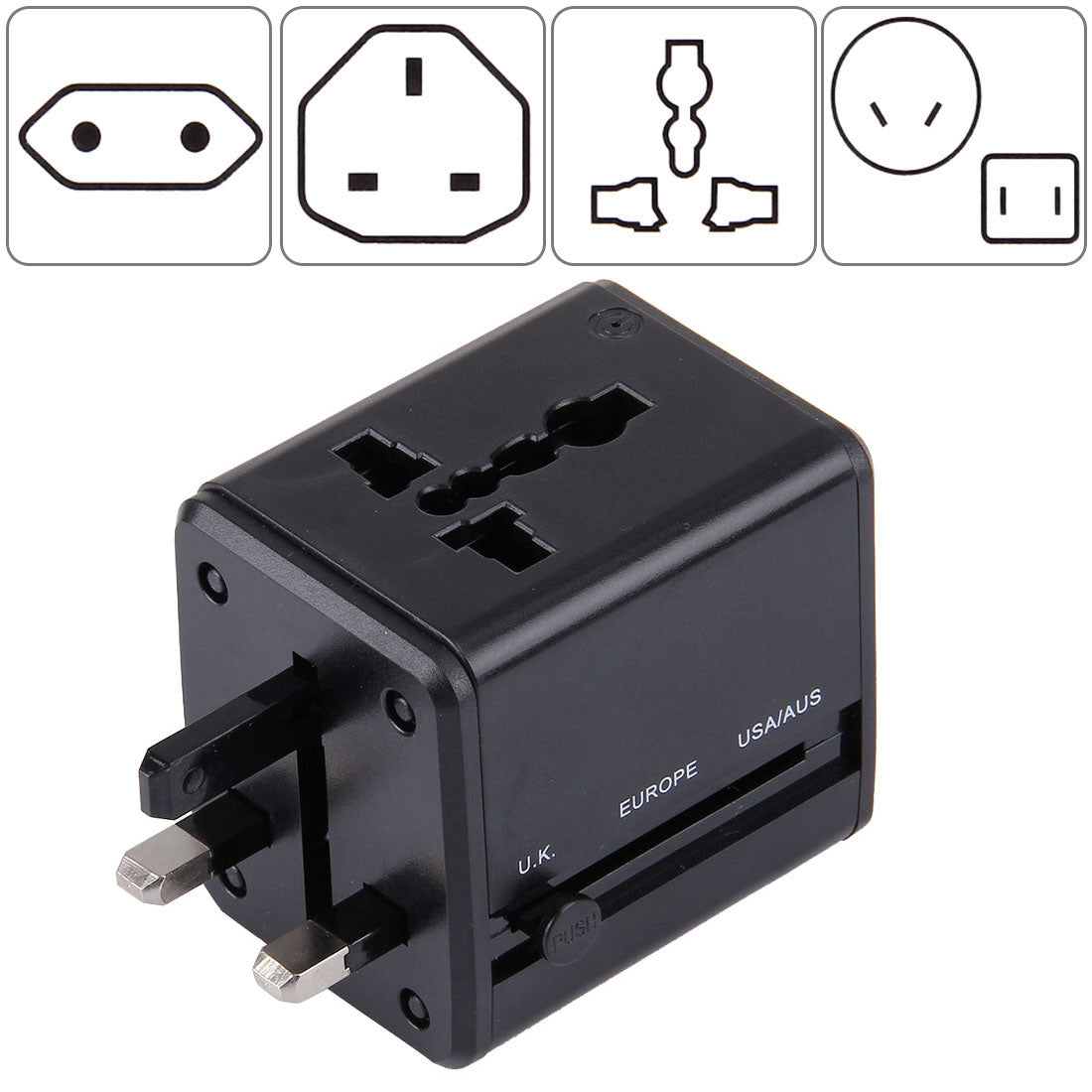 World-Wide Universal Travel Concealable Plugs Adapter with & Built-in Dual USB Ports Charger for US, UK, AU, EU(Black)