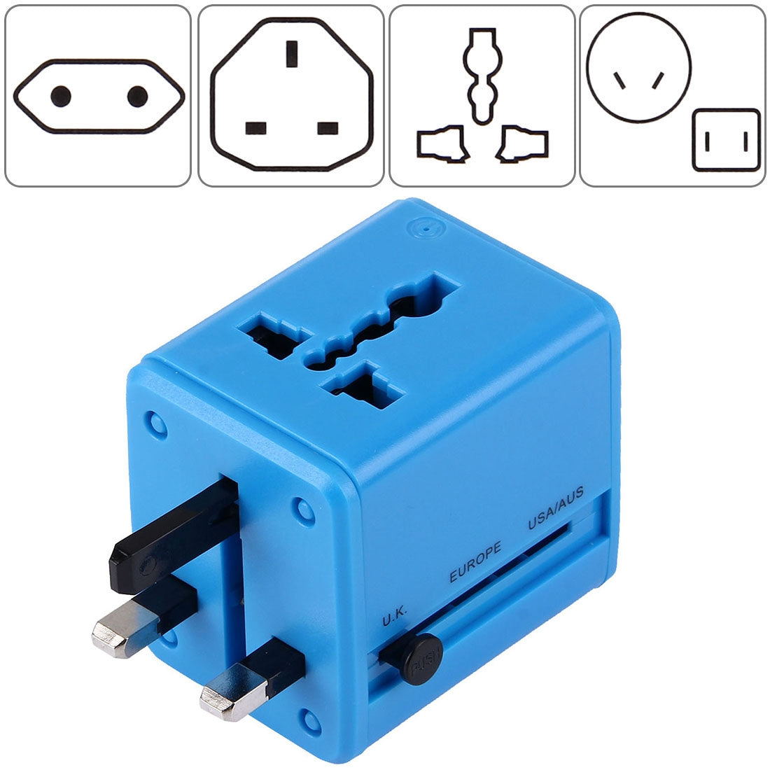 World-Wide Universal Travel Concealable Plugs Adapter with & Built-in Dual USB Ports Charger for US, UK, AU, EU(Blue)