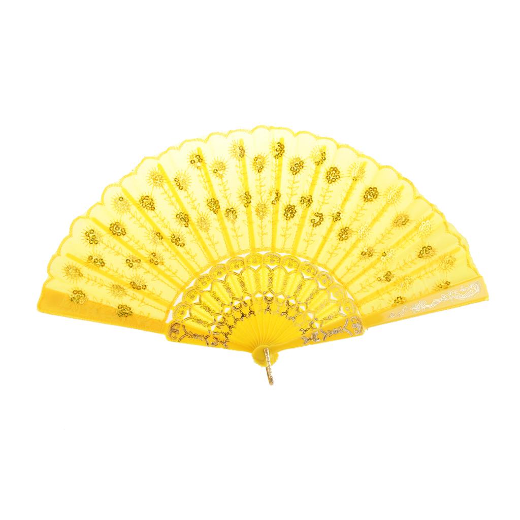 Yellow Fabric Hand Fan Bronzing Sequin Plastic Folding Purse Girl Party Gift